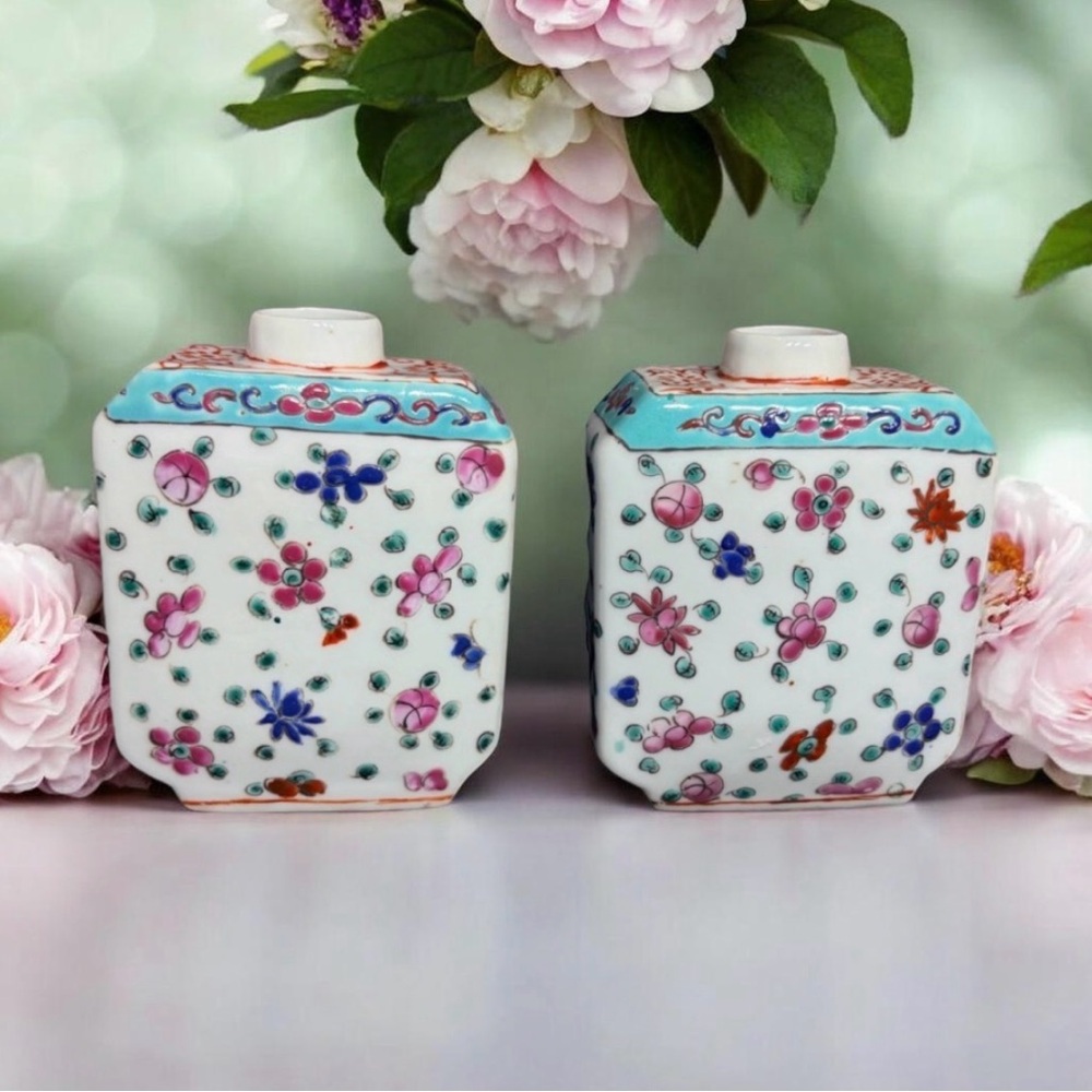 Antique Chinese Famille Rose Porcelain Tea Caddy Set Floral Hand Painted 2pc